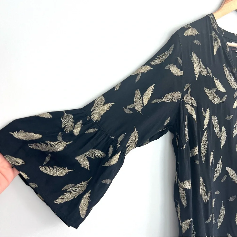 JOHNNY WAS Workshop Black Metallic Gold Feathers Embroidered Hem Mini Dress Sz L - Picture 7 of 16